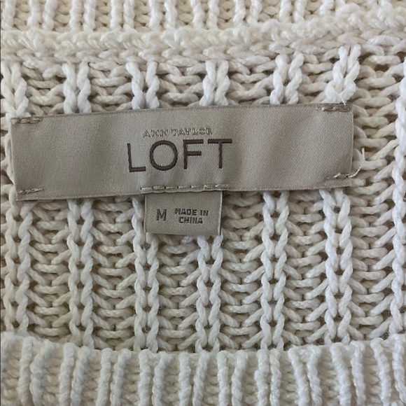Loft 100% cotton bright white ribbed sweater with open weave sleeves Sz Medium - Picture 4 of 9